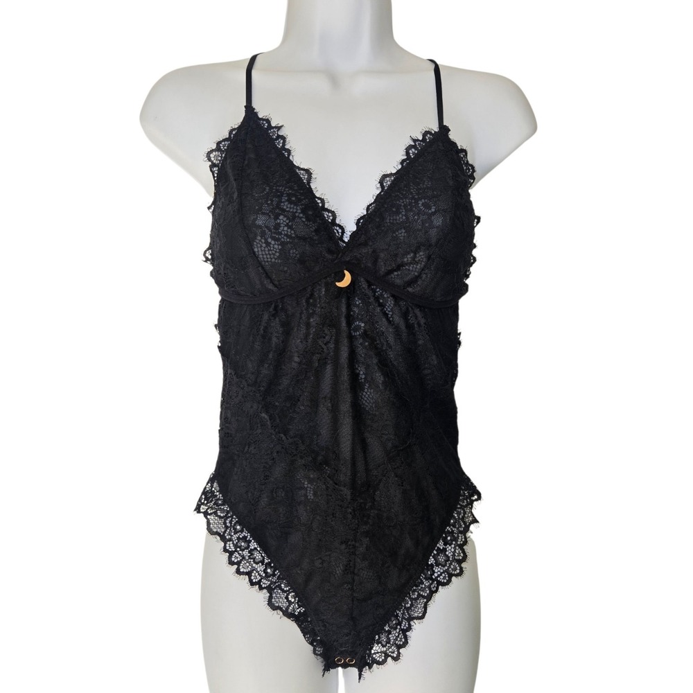 Forever 21 Black Lace Teddy Bodysuit Womens L Sheer Strappy Lingerie Goth